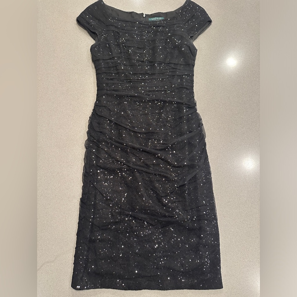 Ralph Lauren Black Sequined Cap Sleeve Evening Dress